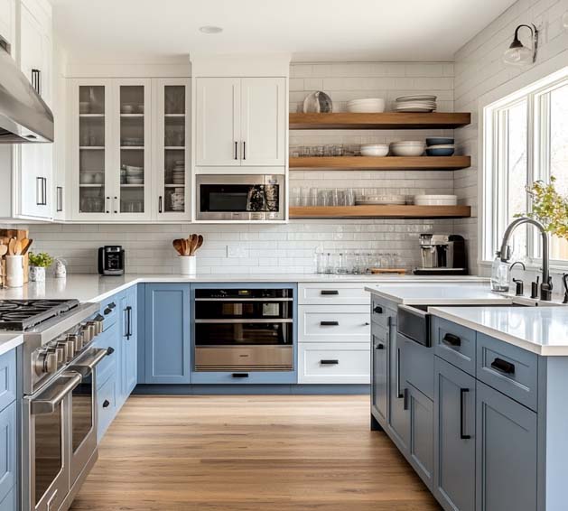 kitchen in bright sunlight displaying repainted cabinets